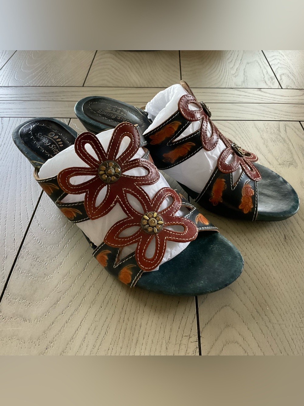 Spring Step Carlina Blue & Brown Floral Leather Slide Sandals Size 39